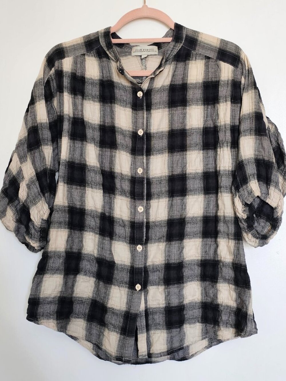 Josh Poodle 3/4 Lantern Puff Sleeve Batwing Plisse Plaid Button Front Top Shirt